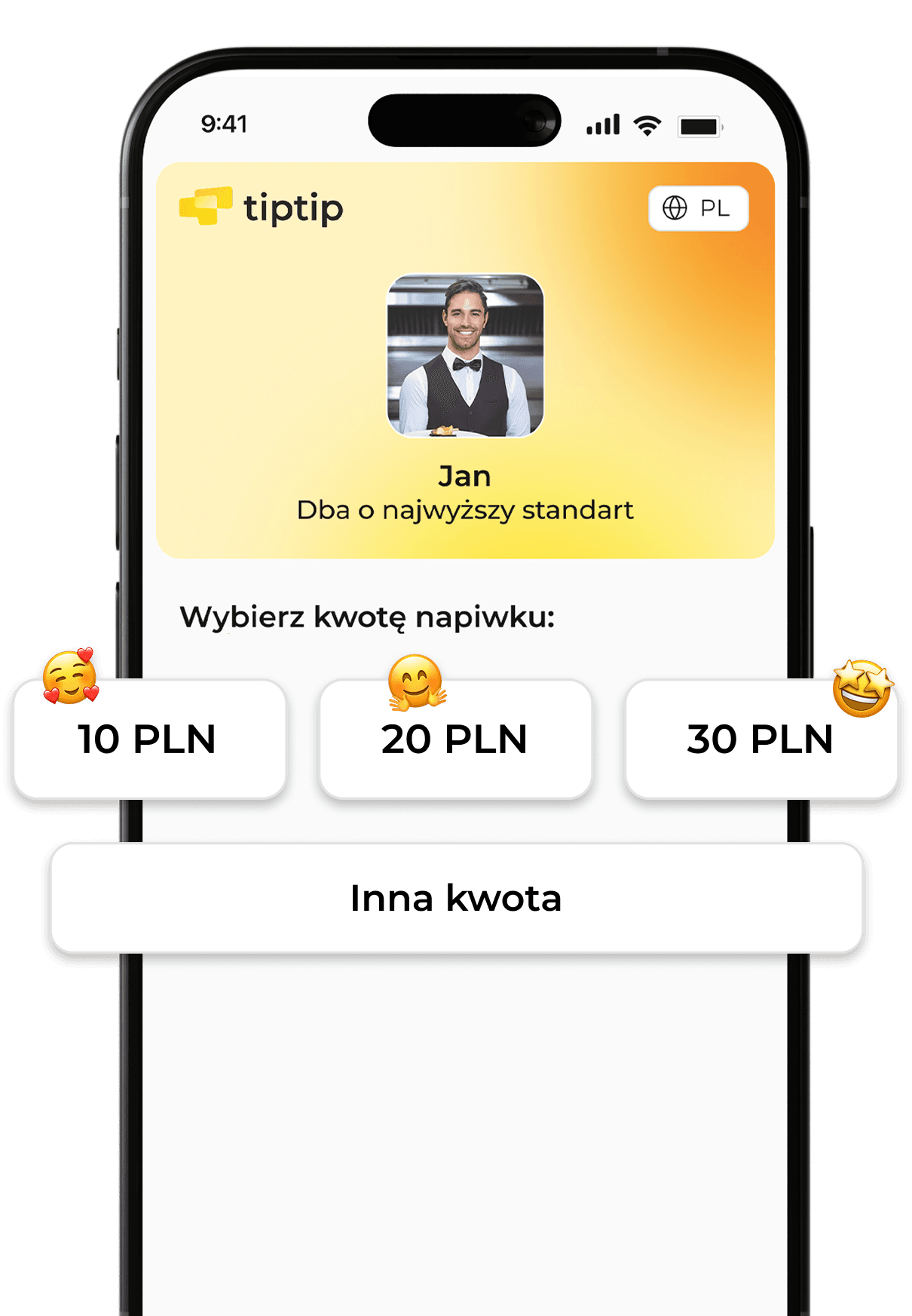 Wybiera kwotę napiwku
